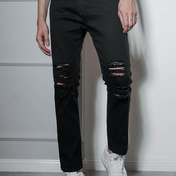 

europe and the united states high street knee hole jeans men street personality small feet slim cropped pants edge rotten1, Blue