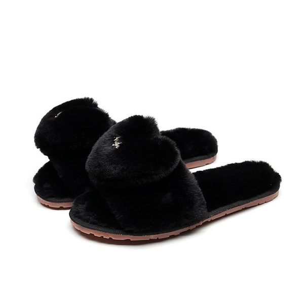 

handmade women creepers flats loafers shoes flip flops cozy fluffy fur slippers ladies furry, Black