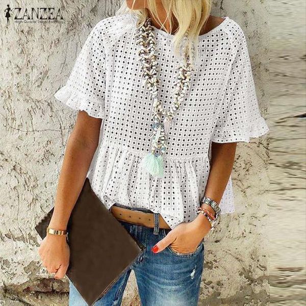 

oversized tunic womens hollow out blouse 2020 zanzea fashion summer lace short sleeve shirts female o neck casual blusas, White