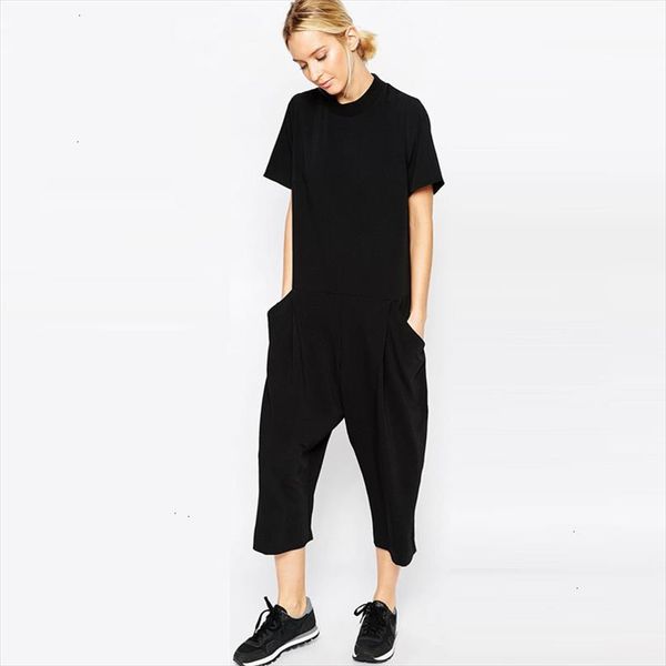 

summer 2021 black rompers womens jumpsuit elegant side pocket loose fitting combinaison femme romper overalls jumpsuit for women, Black;white