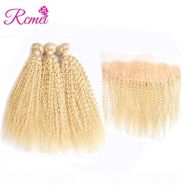 

rcmei kinky curly hair 613 blonde brazilian human hair bundles with lace frontal 4 pcs deal 3 bundles 10-30 inch blonde hair weaving, Black
