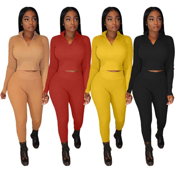 

solid color womens clothes sets v neck zipper long sleeve t shirts slim pencil pants fashion women two piece outfit clothing, White