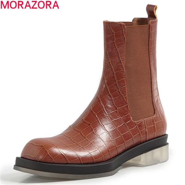 

boots morazora 2021 genuine leather low heel round toe casual ladies shoes fashion slip-on solid color autumn winter ankle, Black