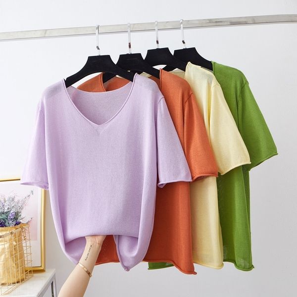 T-shirt oversize in maglia sottile estiva allentata per le donne con scollo a V big top maglietta casual da donna pullover basic manica corta femminile T200614