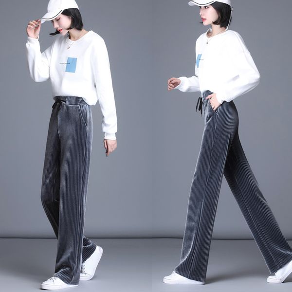 

gold velvet wide leg pants women's trousers, Black;white