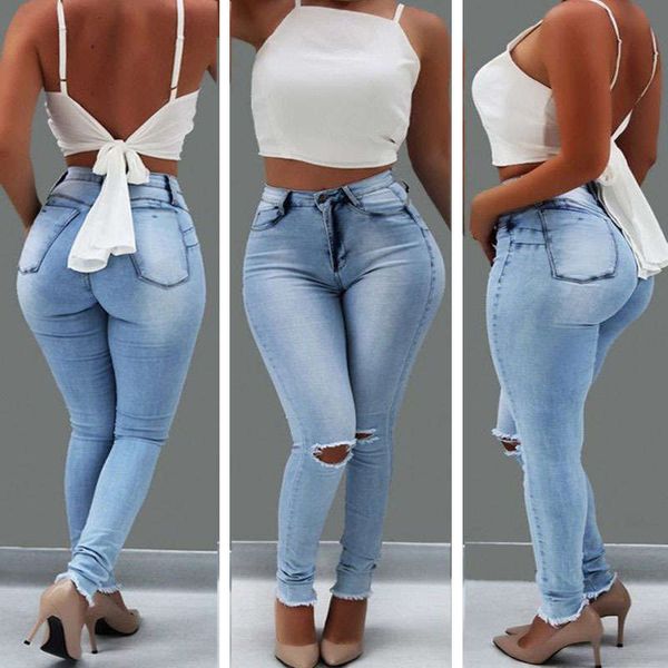 

women's high waist elastic skinny jeans, Blue
