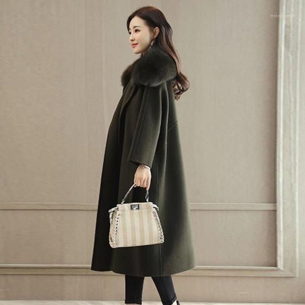 

women's wool & blends winter ladies long coat woolen bleads women sashes belted fur collar overcoat fashion outwear loose fit army gree, Black