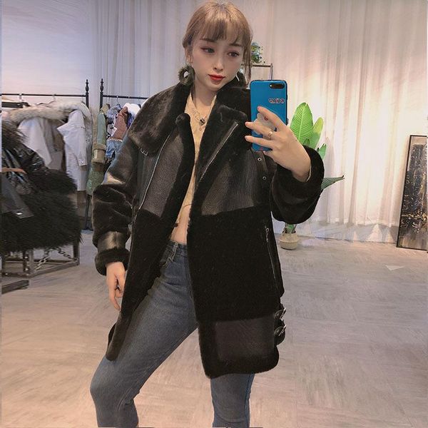 

women's leather & faux and fur in one middle long fashion warm sheep skin lapel original zipper coat, Black