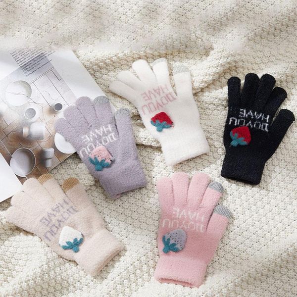

five fingers gloves women winter knitted faux wool cute strawberry touch screen full finger thicken warm outdoor driving skiing glove, Blue;gray