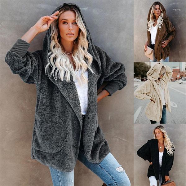 

plush jacket for women hooded solid loose cardigan teddy coat casual streetwear autumn winter female clothing1, Black;brown