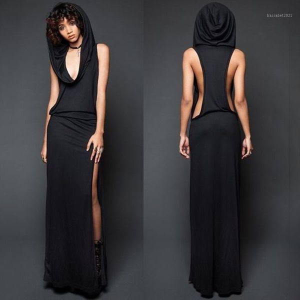 

casual dresses imily bela vintage hooded maxi dress women sleeveless side slit split bodycon long femme rome open vestidos1, Black;gray