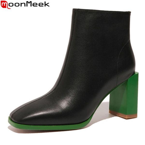 

moonmeek 2021 genuine leather boots thick high heels square toe ladies shoes autumn winter black white color ankle boots