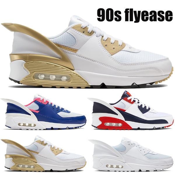 

new arrival 90s flyease running shoes triple white gold deep royal usa men women sneakers trainers us 5.5-11