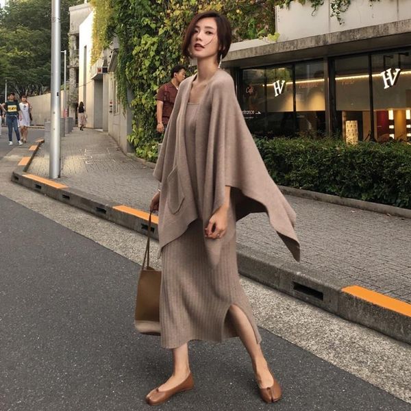 

2019 new women's cashmere cardigan sweaters and knitting dress 2 piece sets autumn winter female sling dresses knitted suit, Gray