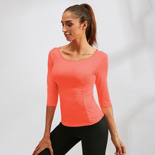 

yoga outfits shieny women hollow out sport t-shirt v back half sleeves quick dry running workout fitness exercise gym home casual 1, White;red