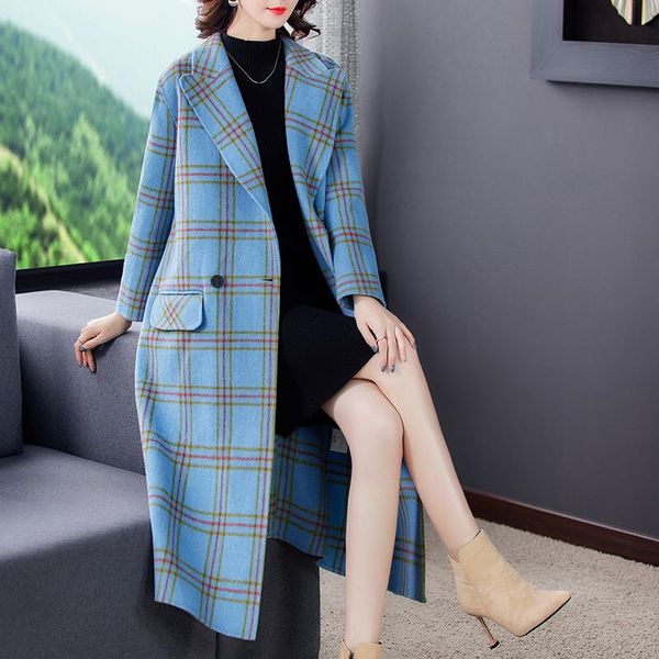 

women's wool & blends autumn winter casual blue plaid classic warm long wool&blends 2021 3xl plus size vintage elegant bodycon women ou, Black
