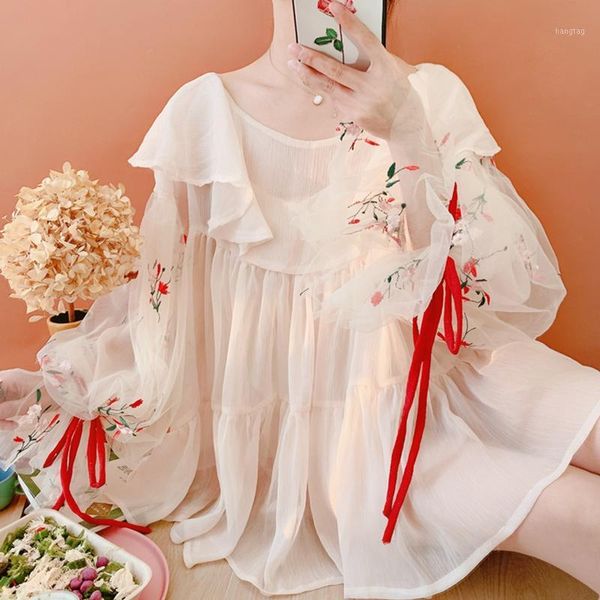 

mori girl sweet cute lantern sleeve embroidered mesh princess shirts women summer loose ruffled o-neck chiffon blouse 1, White