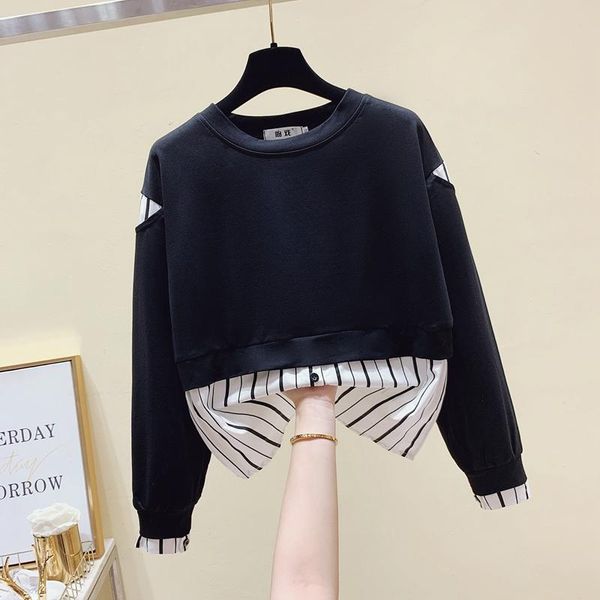 

women's hoodies & sweatshirts patchwork striped fake two pieces o neck sweatshirt women loose fashion all match slim full autumn and wi, Black