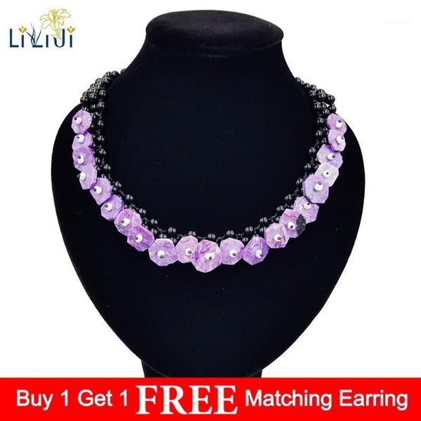 

chokers liiji unique natural charoite,black onyx,freshwater pearl elegant handmade knitting statement necklace nice gift for women 19'&, Golden;silver