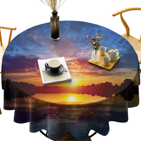 

waterproof round table cover dreamy sunset scenery with reflection on the lake dramatic dusk twilight