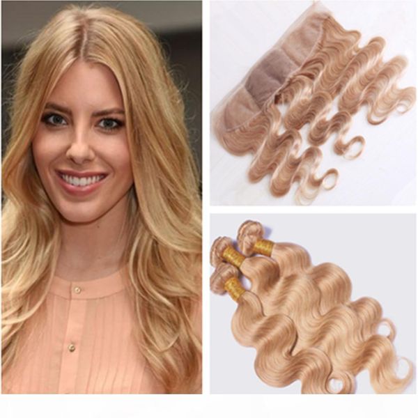 

virgin indian honey blonde human hair weave bundles with silk frontal body wave #27 light brown silk base lace frontal closure with 3bundles, Black;brown