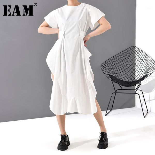 

eam] women white side vent long temperament dress new round neck short sleeve loose fit fashion tide spring summer 2020 js568001, Black;gray