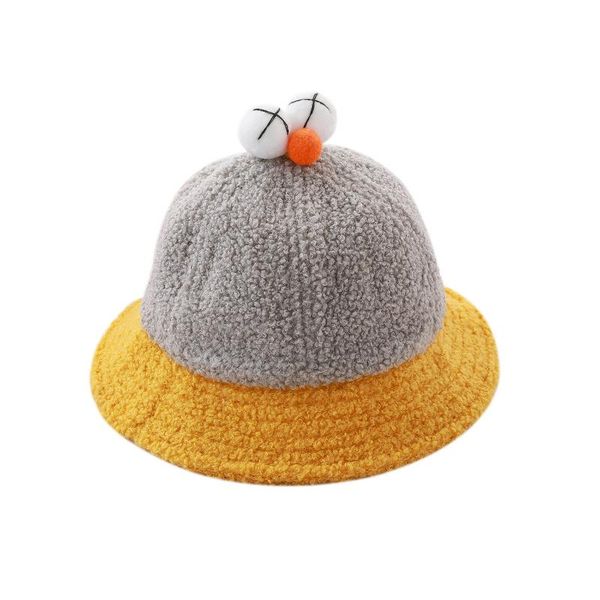 

wide brim hats bucket hat baby cute children's lamb wool fisherman cartoon sesame big eyes warm pot, Blue;gray