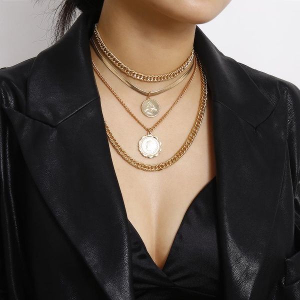 

pendant necklaces vintage multi-layer metal punk necklace for women round relief chain female jewelry, Silver