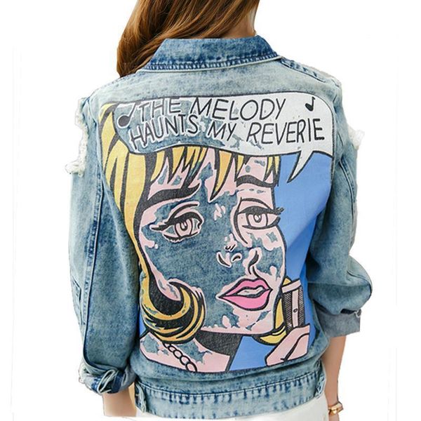 

vintage funny print jean jacket women ripped hole long sleeve bomber jackets casual spring autumn short denim jacket, Black;brown
