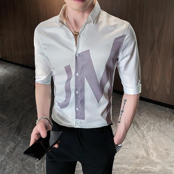 

men's casual shirts 2021 men shirt half sleeve letters printing slim fit balck white camisa masculina streetwear social clothes, White;black