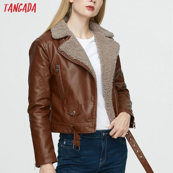 

tangada 2020 winter women fleece faux leather jacket coat thick warm ladies warm coat pu021, Black;brown