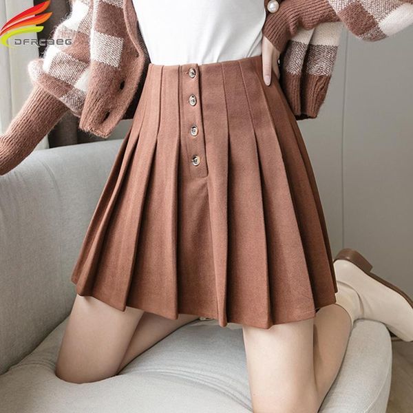 

new 2020 autumn winter women high waist a line mini pleated skirt with lining single button casual suede skirts womens1, Black