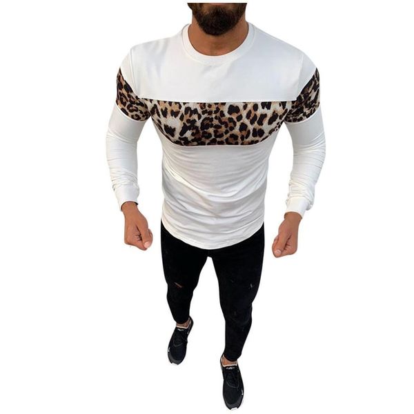 

men's clothing leopard patchwork t shirt fitness long sleeve t-shirts o neck man boy t-shirt for male tshirts m-xxl 30h, White;black