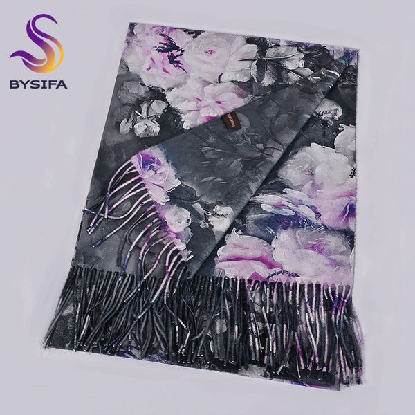 

bysifa] winter grey pink wool scarves shawls women peony style long cashmere pashmina scarves wraps brand luxury neck scarf y201024, Blue;gray