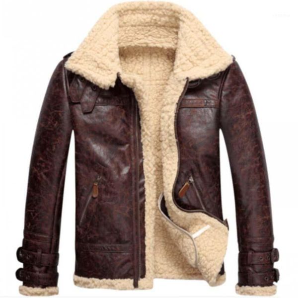 

new brand fashion mens vintage leather lamb fur fleece bomber flight coats male winter warm fur lining zipper coats1, Black;brown