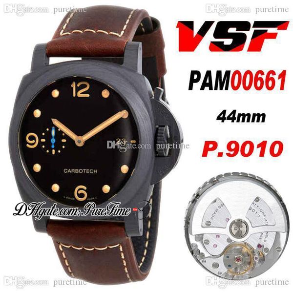 

vsf 44mm vs661 p.9010 p9010 automatic mens watch carbotech black dial brown leather strap vs00661 super edition carbon fiber ptpm puretime, Slivery;brown