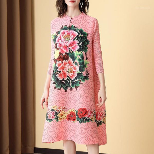 

casual dresses plus size dress women 2021 spring elastic loose miyake pleated fashion chinese style big flower printed knee length1, Black;gray