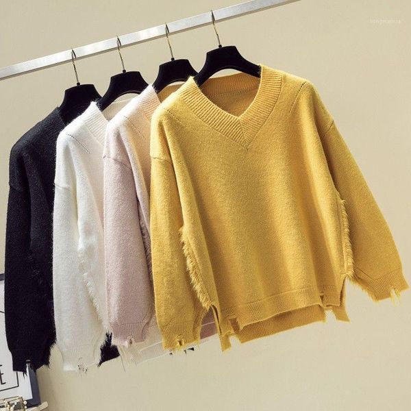 

women's sweater autumn and winter new loose tassel hole sweater v-neck pullover warm1, White;black