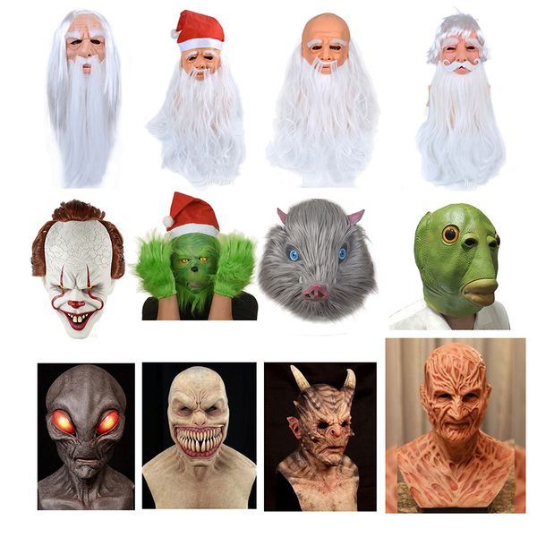 Horror Demon Palhaço Alien Green Grinch Máscara Palhaço Látex Máscara Christmas Santa Claus Máscara Halloween Cosplay Costume Adereços