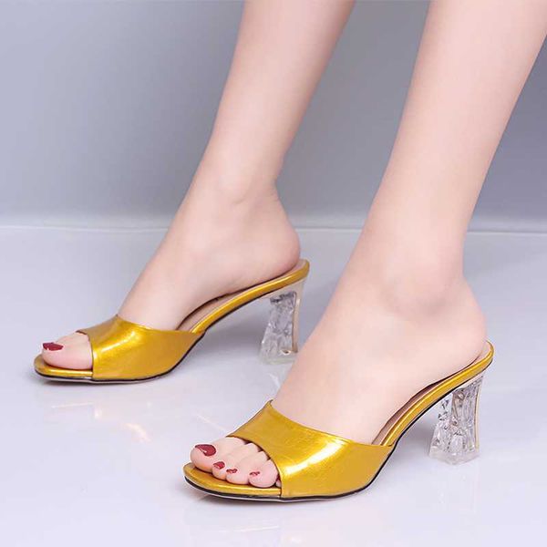 

slippers golden pu leather shallow comfortable slides peep toe light non-slip high heels 2021 summer arrival woman, Black