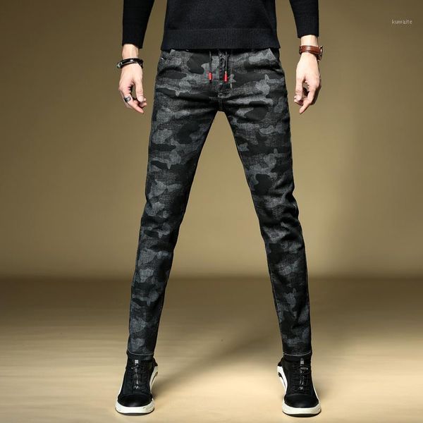 

qmgood summer thin jeans men's slim stretch men jeans pants korean trendy pencil pants men's camouflage denim trousers1, Blue