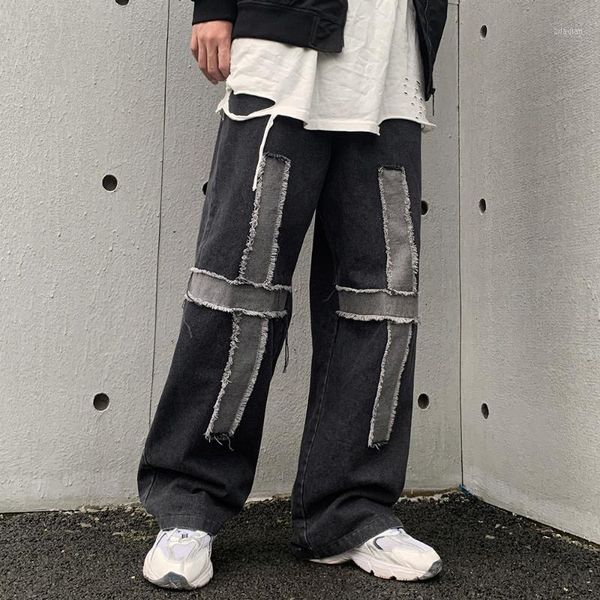 

men's jeans male streetwear hip hop vintage fashion trousers men's cross splice elastic waist casual loose wide leg denim pants1, Blue