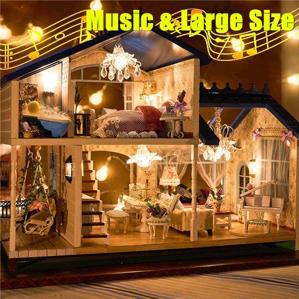 Música LED Luz Luz Boneca Miniatura Casa Provence Dollhouse Kit DIY Casa de Madeira Modelo Brinquedo Com Mobiliário Aniversário Presentes de Natal LJ201126