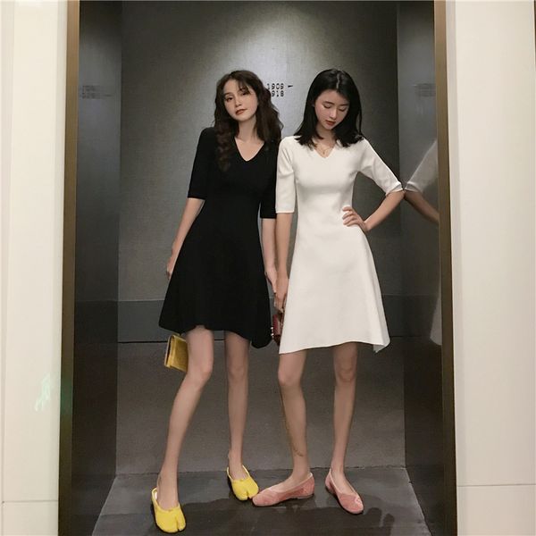 

2021 new v neck knitted women slim spring summer solid color elegant ladies female vestidos o4vj, Black;gray