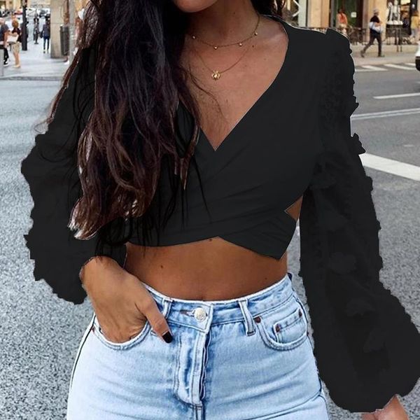 

elegant women shirts celmia 2020 fashion long lantern sleeve lace blouses v neck backless cross crop casual blusas1, White