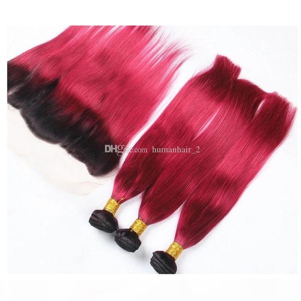 

two tone red human hair weaves with lace frontal closure ombre bright red straight hair bundles with frontal closure 4pcs lot, Black;brown
