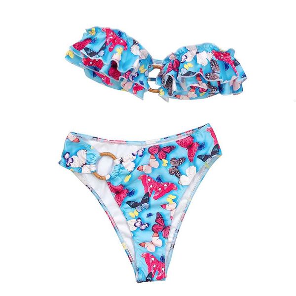 

women's butterfly print split swimsuit off shoulder ruffled design bikini plus triangle shorts swimming suits, White;black