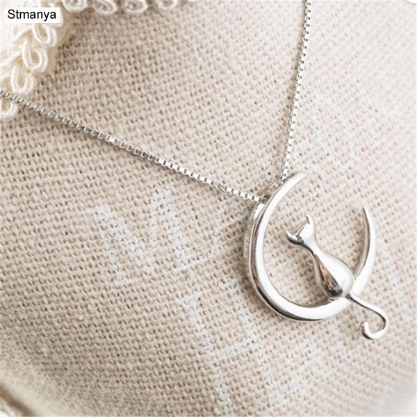 

women fashion cute retro chain necklace sweet moon kitten necklace gift jewelry n1162, Silver