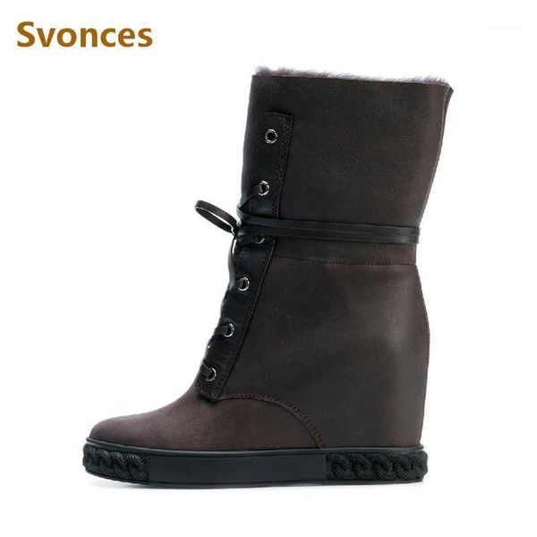 

boots est winter warm wool height increasing women solid platform lace up wedge botas 8cm high heel snow shoes woman 411, Black