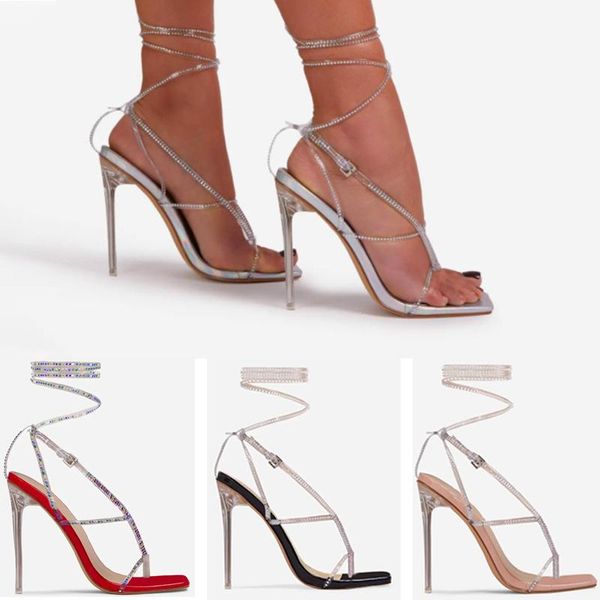 

sandals pvc cross-tied sandales peep toe high heel bordered bling 2021 summer fashion ladies gladiator party shoes 35-42, Black